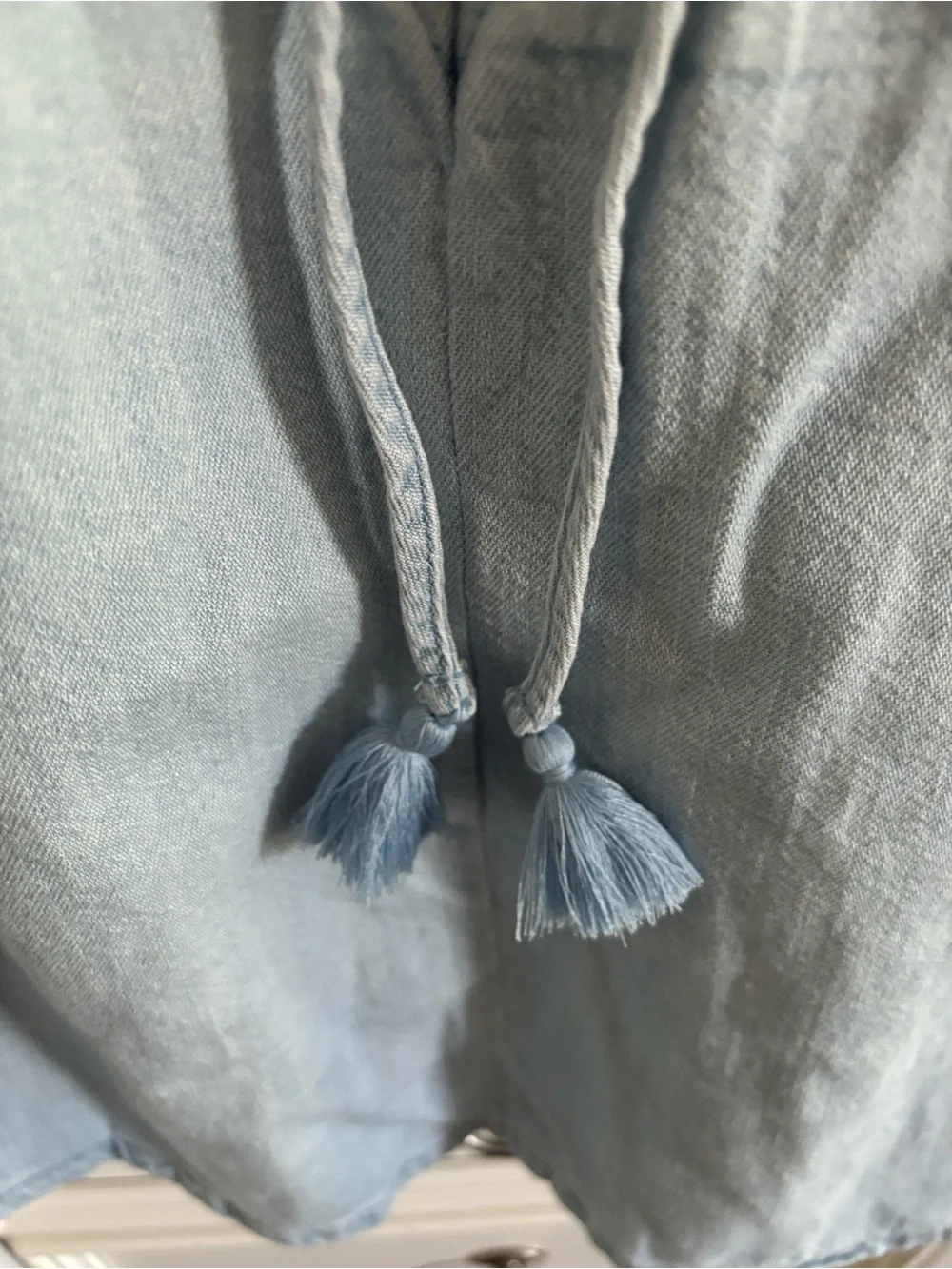 Old Navy Light Blue denim Tie-Front Peasant Top